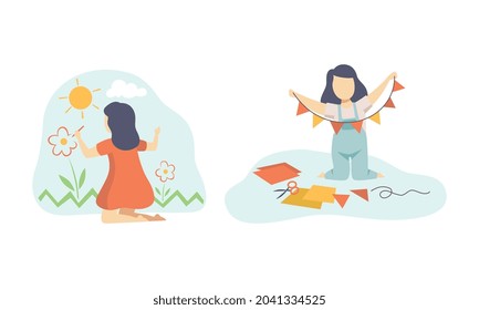 Creative Girl Drawing Flower on the Wall and Making Garland Vector Set