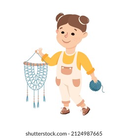 Creative Girl with Dream Catcher Made from Yarn as Handcrafted Item Vector Illustration