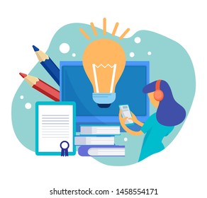 Creative girl has new idea. Vector creativity concept. Young student with smartphone illustration. Idea light bulb, girl character thinking