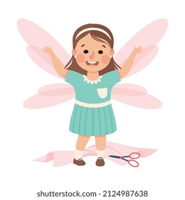 Creative Girl Having Wings Cutting Them from Paper with Scissors Making Handcrafted Item Vector Illustration