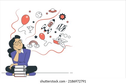 Creative girl imagining. Smiling cartoon woman dreaming about Spaceship, Flying ship, UFO, balloon, bird, moon, mars. Flat vector illustration. girl imaging future dream.