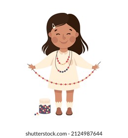 Creative Girl Making Bead Necklace as Handcrafted Item Vector Illustration