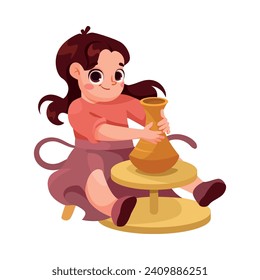 Creative Girl on the Floor Clay Pottery Engaged in Workshop Activity Vector Illustration
