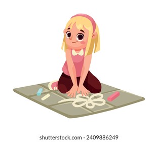 Creative Girl on the Floor Drawing with Chalks Engaged in Workshop Activity Vector Illustration