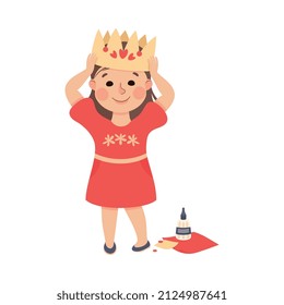 Creative Girl with Paper Glued Crown on Her Head as Handcrafted Item Vector Illustration