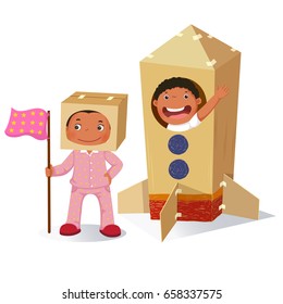 Creative girl playing as astronaut and boy in rocket made of cardboard box