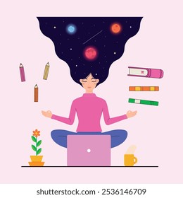 Creative girl relaxing in front of laptop for work and study surrounded by plants, a cup of coffee, books, and coloring pencils. worker meditation. Business female worker yoga. vector illustration