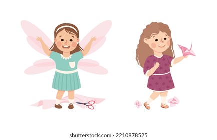 Creative Girl Showing Wings and Origami Paper Swan as Handcrafted Item Vector Set