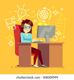 Creative girl work at home office with computer vector illustration. Woman freelancer or secretary character