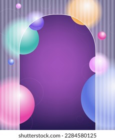 Creative glassmorphism illustration design with arch transparent frame and colorful floating spheres template