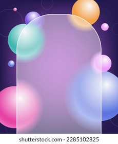 Creative glassmorphism illustration design with arch transparent frame and colorful floating spheres template