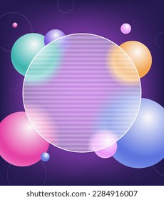 Creative glassmorphism illustration design with round transparent frame and colorful floating spheres template