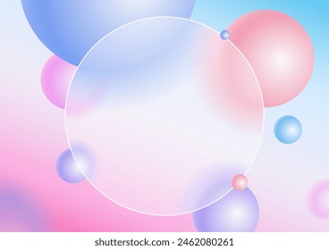 Creative glassmorphism illustration design with round transparent frame and colorful floating spheres template