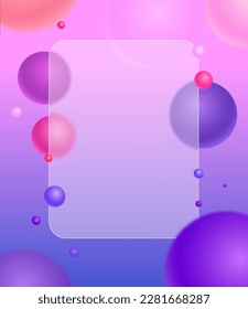 Creative glassmorphism illustration design with transparent frame and colorful floating spheres template