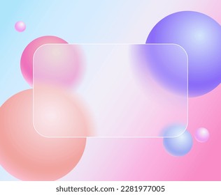 Creative glassmorphism illustration design with transparent frame and colorful floating spheres template