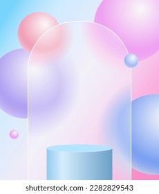 Diseño de ilustraciones de glasmorfismo creativo con marco transparente, esferas flotantes de colores y podio azul para presentación