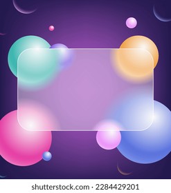 Creative Glasmorphismus-Illustration Design mit transparentem Rahmen und farbenfrohen, schwebenden Kugeln Vorlage