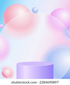 Diseño de ilustraciones de glasmorfismo creativo con marco transparente, esferas flotantes de colores y podio púrpura para presentación