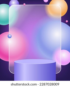 Creative glassmorphism illustration design with transparent frame, colorful floating spheres and pink podium for presentation