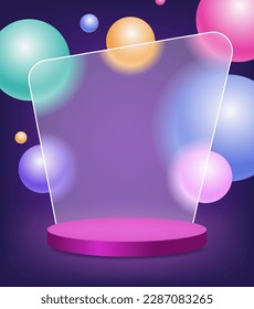 Diseño de ilustraciones de glasmorfismo creativo con marco transparente, esferas flotantes de colores y podio rosa para presentación
