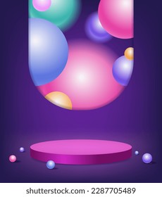 Creative glassmorphism illustration design with transparent frame, colorful floating spheres and pink podium for presentation