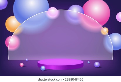 Creative glassmorphism illustration design with transparent frame, colorful floating spheres and pink podium for presentation