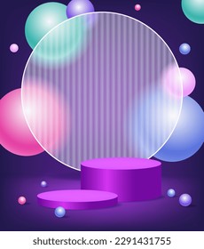 Creative glassmorphism illustration design with transparent round frame, colorful floating spheres and purple podium for presentation