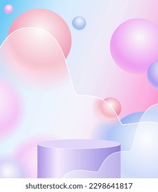 Creative glassmorphism illustration design with transparent frame shapes, colorful floating spheres and purple podium for presentation