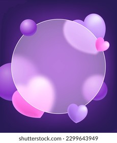 Diseño de ilustraciones de vidrio-morfismo creativo con marco transparente, redondo flotante colorido y plantilla de esferas cardíacas