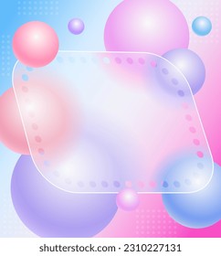 Creative glassmorphism illustration design with transparent perspective frame and colorful floating spheres template