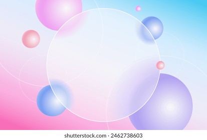Diseño creativo de la ilustración del glassmorphism con marco redondo transparente y Plantilla de esferas flotantes coloridas