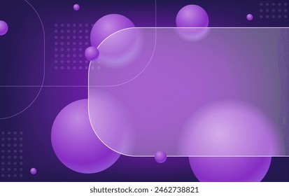 Creative glassmorphism illustration design with transparent round frame and purple floating spheres template