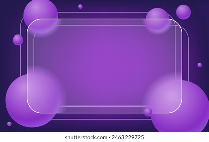 Creative glassmorphism illustration design with transparent rectangle frame and purple floating spheres template