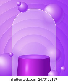 Creative glassmorphism illustration design with transparent arch frame, floating spheres, podium and purple circles background for presentation