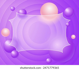 Creative glassmorphism illustration design with transparent frame and floating spheres template on the purple circles background