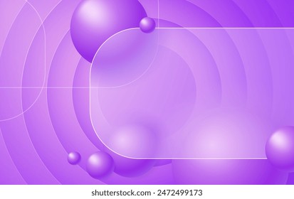 Creative glassmorphism illustration design with transparent rectangle frame and purple floating spheres template on the circles background