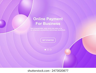 Creative glassmorphism illustration design with transparent frame and colorful floating spheres template on the purple circles background