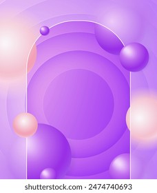 Diseño creativo de la ilustración del glassmorphism con el marco transparente del arco, esferas flotantes coloridas y círculos púrpuras para la presentación