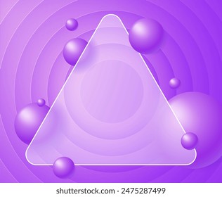 Creative glassmorphism illustration design with transparent triangle frame and floating spheres template on the purple circles background