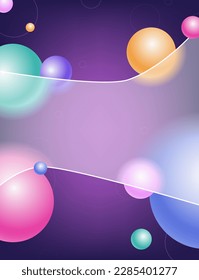 Creative glassmorphism illustration design with wave transparent frame and colorful floating spheres template