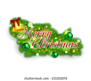 Creative glimmered christmas background with fir tree branches, green balls. Vector illustration