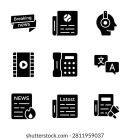 Creative global journalism glyph icon set for broadcasting and communication projects.