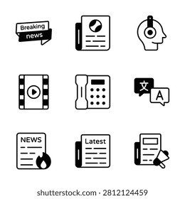 Creative global journalism glyph icon set for broadcasting and communication projects.