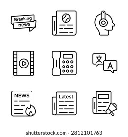 Creative global journalism line icon set for broadcasting and communication projects.