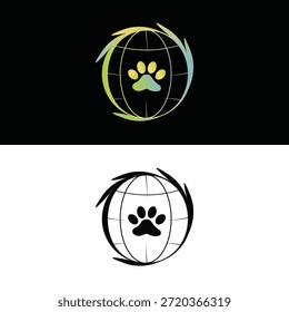 Logotipo global creativo del cuidado del animal doméstico que presenta la pata y el concepto del globo del mundo. Perfecto para organizaciones internacionales de cuidado de animales, servicios veterinarios globales, comunidades de mascotas y marcas de protección de mascotas en todo el mundo.