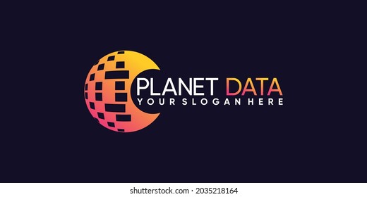 Diseño creativo del logotipo de planeta global para la tecnología de datos con el concepto de círculo Vector Premium
