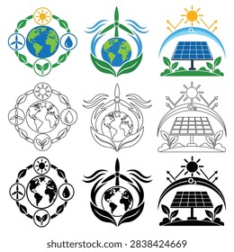 Creative global sustainability and renewable energy icon set featuring a central Earth globe surrounded by a circular environmental cycle with sunshine, wind turbine, green leaves, and clean energy symbols. This eco-friendly vector collection represents renewable resources, environmental conservation, ecological balance, climate awareness, sustainable development, and a greener future. Designed in minimal outline, colorful flat, and bold silhouette styles, these versatile icons are ideal for environmental campaigns, green energy projects, Earth Day content, sustainable business, websites, mobile applications, presentations, and educational infographics.

#Sustainability #RenewableEnergy #GreenEnergy #CleanEnergy #Environment #EnvironmentalProtection #ClimateAction #EarthDay #WindEnergy #SolarEnergy #EcoFriendly #VectorIcons