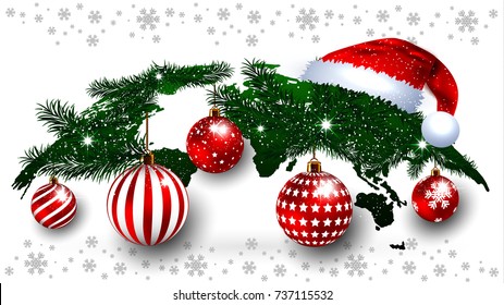 Creative Globe Map Composed of Pine Tree Branches with Red Santa Hat on, Decorated with Christmas Balls and Isolated on Snowflakes Background. 3D Vector Illustration