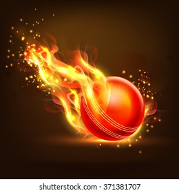 Creative glossy Ball in fire on brown background for Cricket Sports concept.