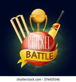 Creative glossy ball with golden trophy, bat and wicket stumps for Cricket Battle.